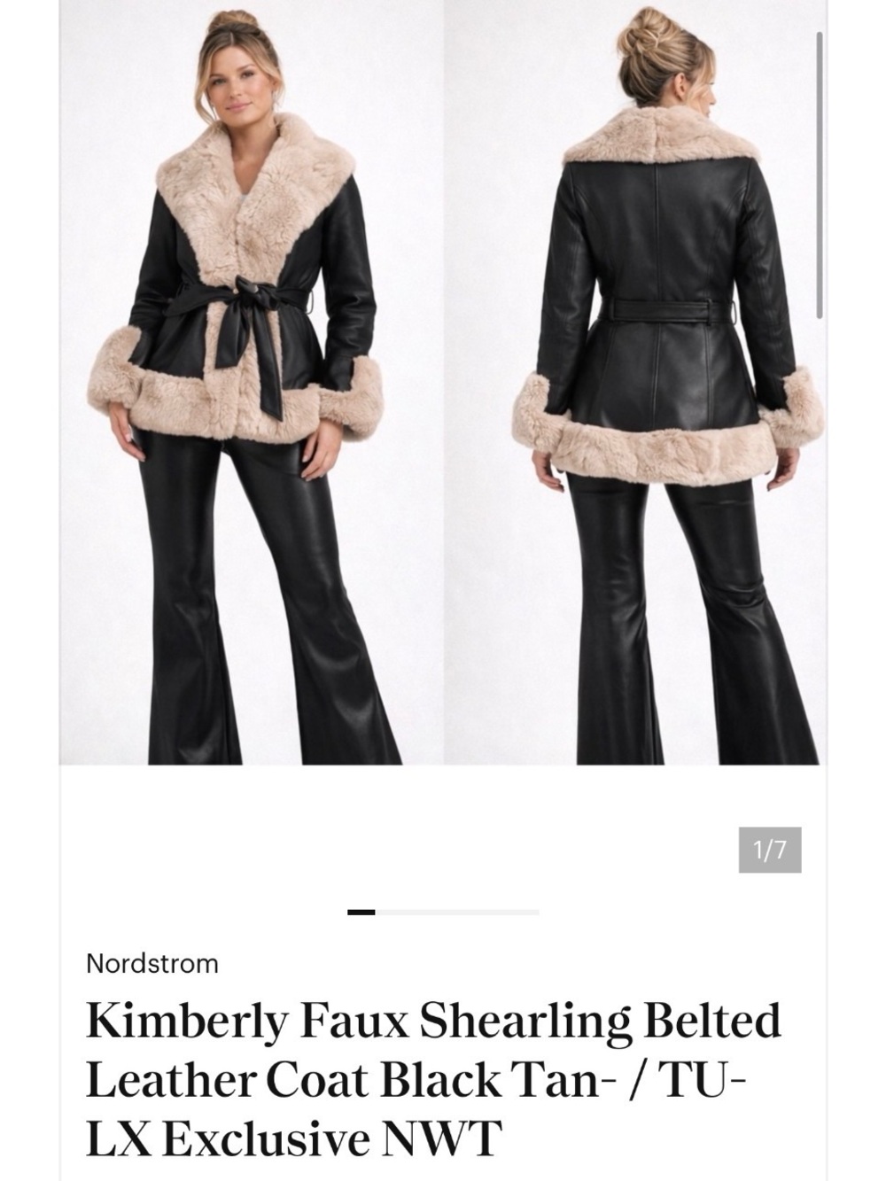 Nordstrom TU/LX Black Faux Leather Coat with Tan Shearling Trim